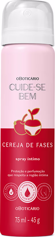Frasco de spray íntimo da linha Cuide-se Bem, com embalagem rosa e vermelha, contendo 75 ml do produto "Cereja de Fases" da marca O Boticário.