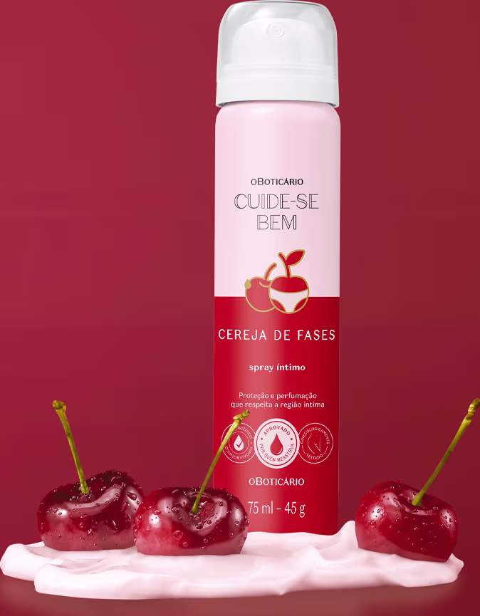 Ambiente de uso do produto Cuide-se Bem: Cenário vermelho com cereja de fases, produto de spray íntimo com proteção e perfumação, apresentado em embalagem branca e vermelha.