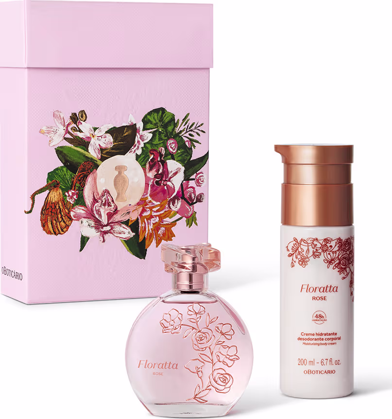 Conjunto de produtos Floratta Rose, composto por um frasco de perfume com decoração floral em tons de rosa e uma embalagem de creme hidratante corporal em recipiente de 200 ml.