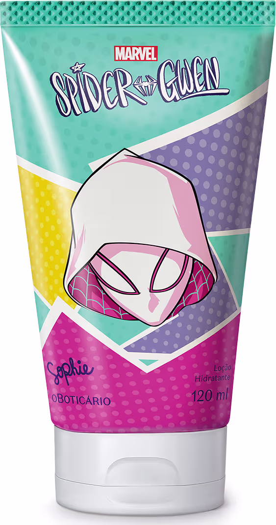 Tubo de creme hidratante da linha Spider-Gwen, com embalagem colorida em tons de verde, roxo e rosa, destacando o logotipo e a personagem.
