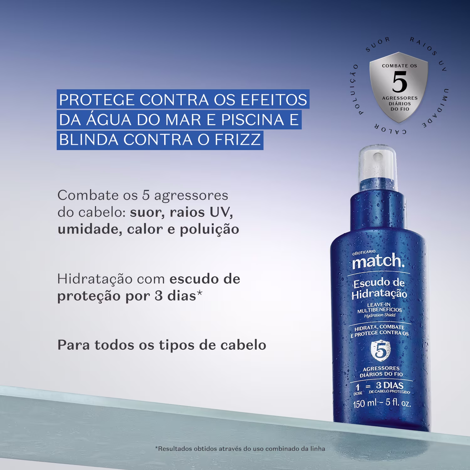 Texto na imagem: Protege contra os efeitos da água do mar e piscina e blinda contra o frizz. Combate os 5 agressores diários do cabelo: suor, raios UV, umidade, calor e poluição. Hidratação com escudo de proteção por 3 dias.