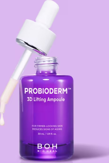 Frasco de vidro roxo com conta-gotas branco Bio Heal BOH Probioderm 3D Lifting Ampoule, contendo 30 ml.