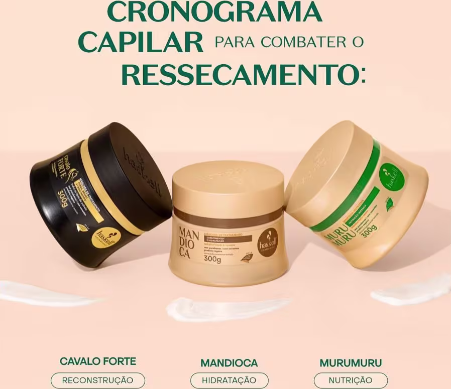 Cronograma capilar para combater o ressecamento - Cavalo Forte reconstrução; Mandioca hidratação e Murumuru nutrição