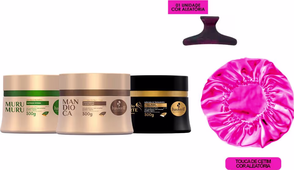 Kit Haskell com máscaras das linhas Mandioca, Murumuru e Cavalo Forte de 300g cada. Ao lado, presilha e touca de cetim