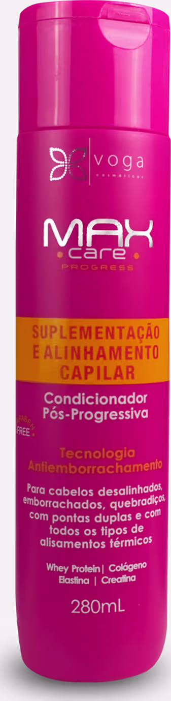 Frasco rosa de condicionador pós-progressivo da linha Max Care da Voga, com tecnologia antiemborrachamento e ingredientes como whey protein, colágeno, biotina e creatina, para cabelos desalinhados, emborrachados e quebradiços.