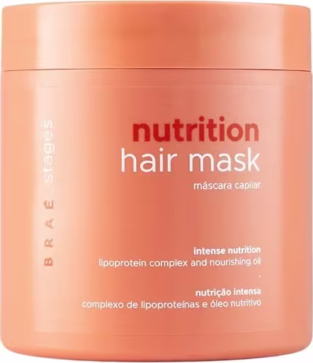 Máscara capilar Braé de nutrição, em embalagem cilíndrica laranja, com rótulo destacando "Nutrition Hair Mask" e informações sobre o complexo de lipoproteínas e óleo nutritivo.