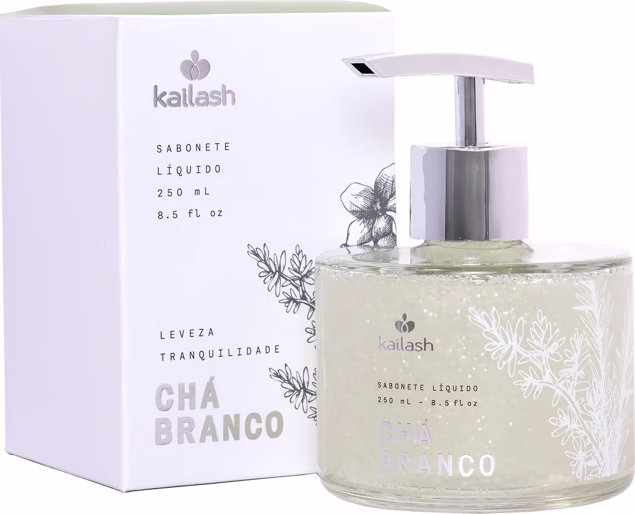 Sabonete líquido Kailash Chá Branco em frasco de 250 ml com bomba dosadora, embalado em caixa branca com detalhes em cinza e ilustrações florais.
