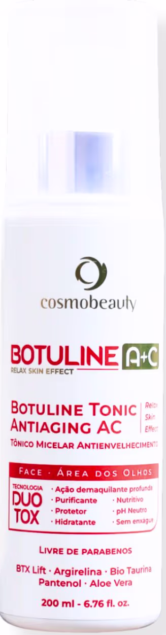 Tônico facial da linha Botuline da marca Cosmobeauty. A embalagem é um frasco branco com rótulo vermelho e verde, contendo 200 ml do produto. O rótulo indica propriedades de ação demaquilante, purificante, nutritiva, protetora e hidratante.