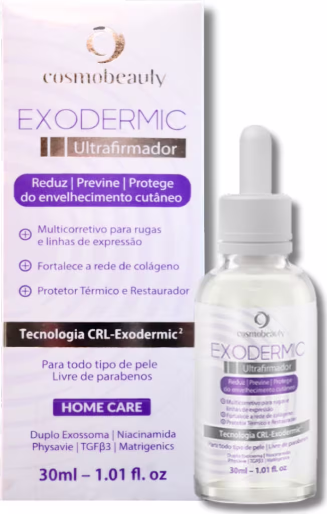 Frasco de 30ml de sérum Exodermic Ultrafirmador da Cosmobeauty, com rótulo roxo e branco destacando propriedades de redução de rugas e linhas de expressão, fortalecimento da rede de colágeno e proteção térmica.