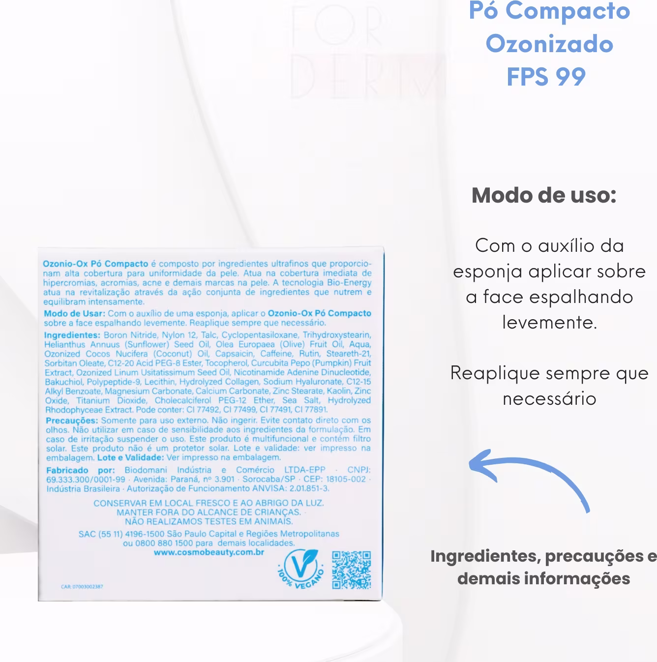 Produto de beleza Cosmobeauty em embalagem compacta e ozonizada, com rótulo indicando FPS 99 e modo de uso para aplicação sobre a face.