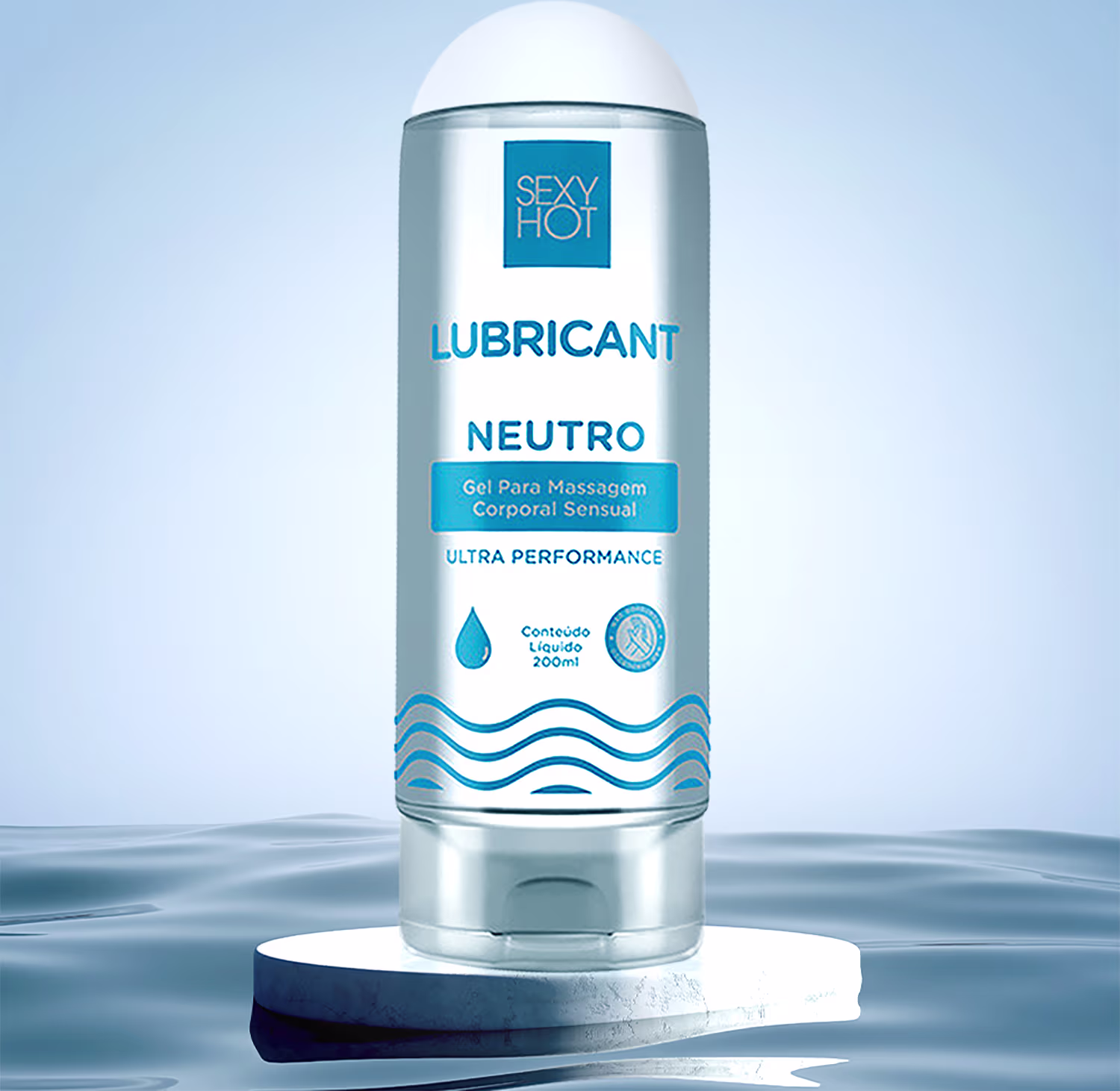 Lubrificante íntimo da marca Sexy Hot, com o nome "Neutro" impresso em letras azuis. A embalagem é um frasco branco com uma tampa redonda, contendo 200ml de produto. O produto é descrito como um gel para massagem corporal sensual de ultra performance.