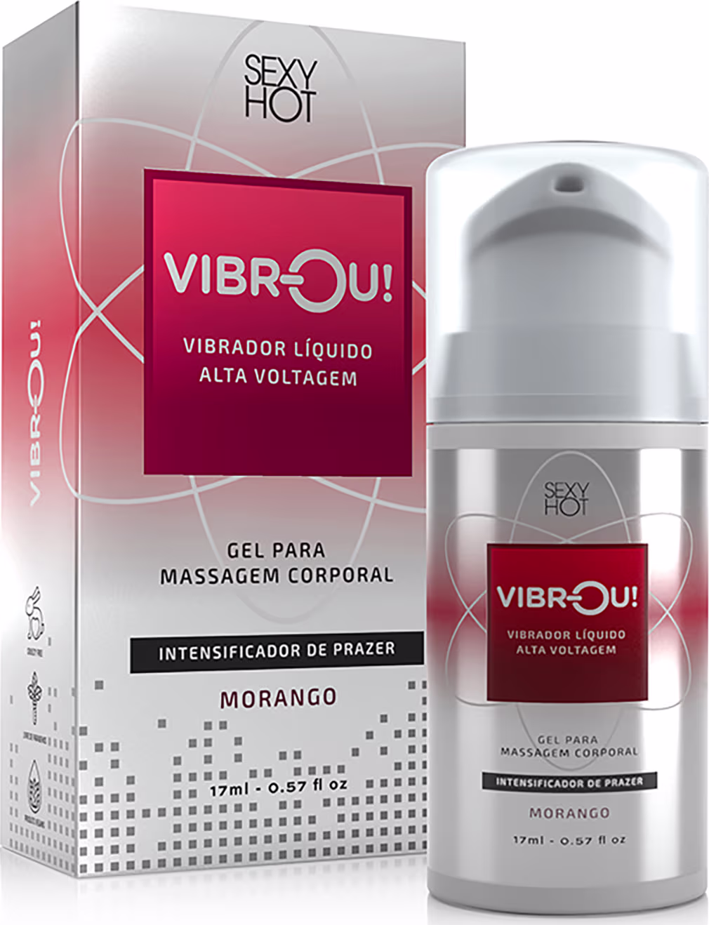 O produto apresentado é um vibrador líquido de alta voltagem da marca Sexy Hot, chamado "Vibr-Ou!". A embalagem é uma caixa vermelha e branca com o nome do produto destacado. O frasco do produto é branco com um rótulo vermelho, contendo 17 ml.