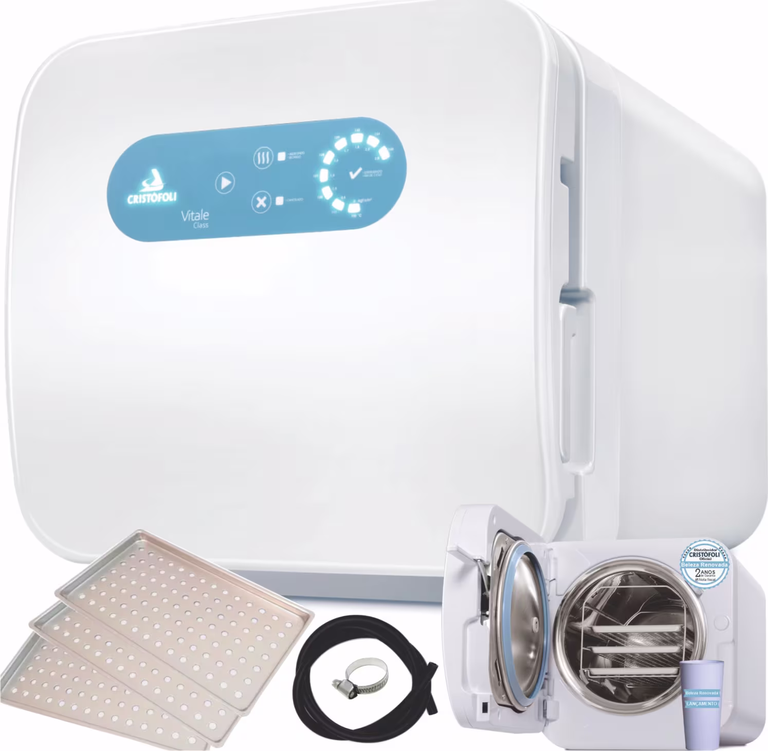 O produto apresentado é um esterilizador de vapor Cristófoli Vitale, com painel de controle digital azul e branco, acompanhado de acessórios como bandejas e mangueira. O esterilizador possui uma porta frontal transparente para visualização do processo.