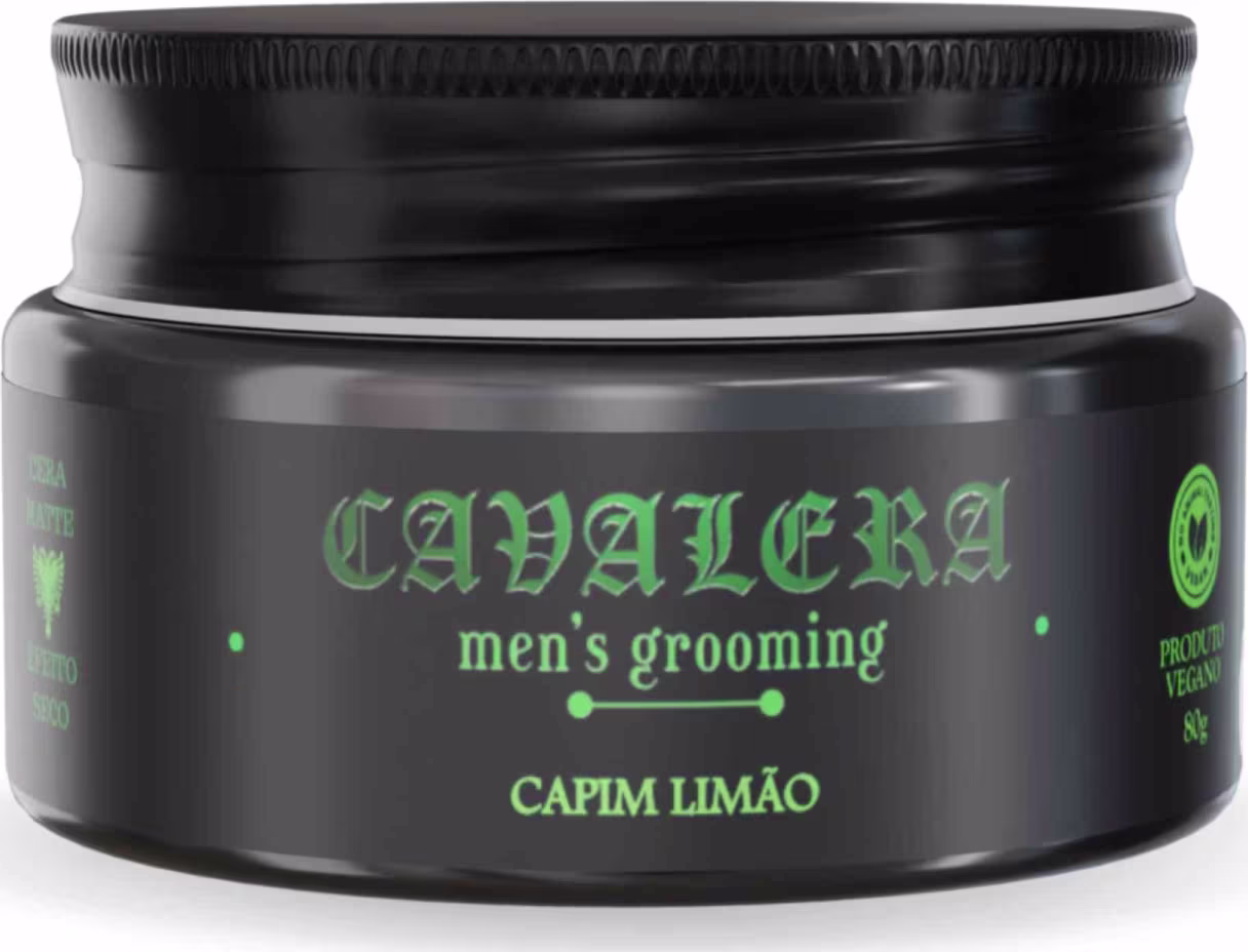 Pote preto de produto de beleza masculina da marca Cavalera, com rótulo verde destacando o nome "Capim Limão" e a descrição "men's grooming".
