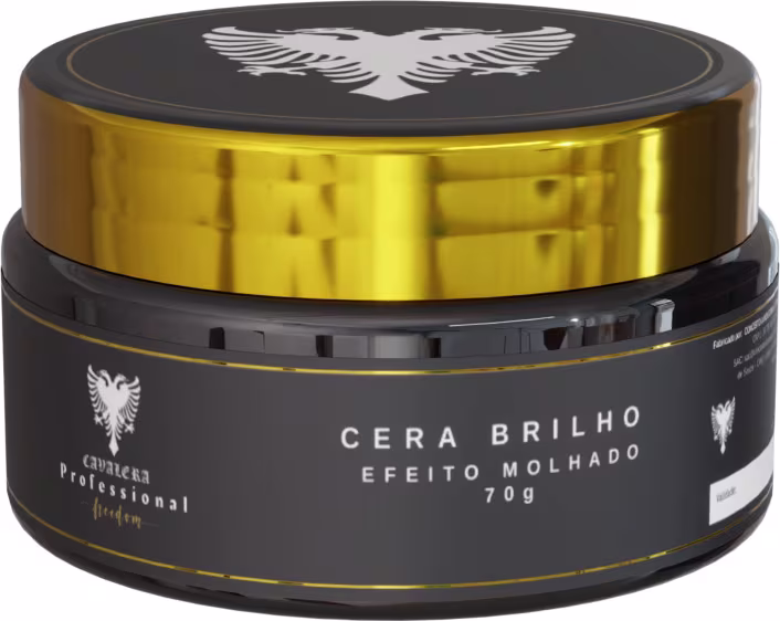 Cera brilho efeito molhado da marca Cavalera, em embalagem preta e dourada com logotipo da marca. O produto é apresentado em um recipiente circular de 70g.