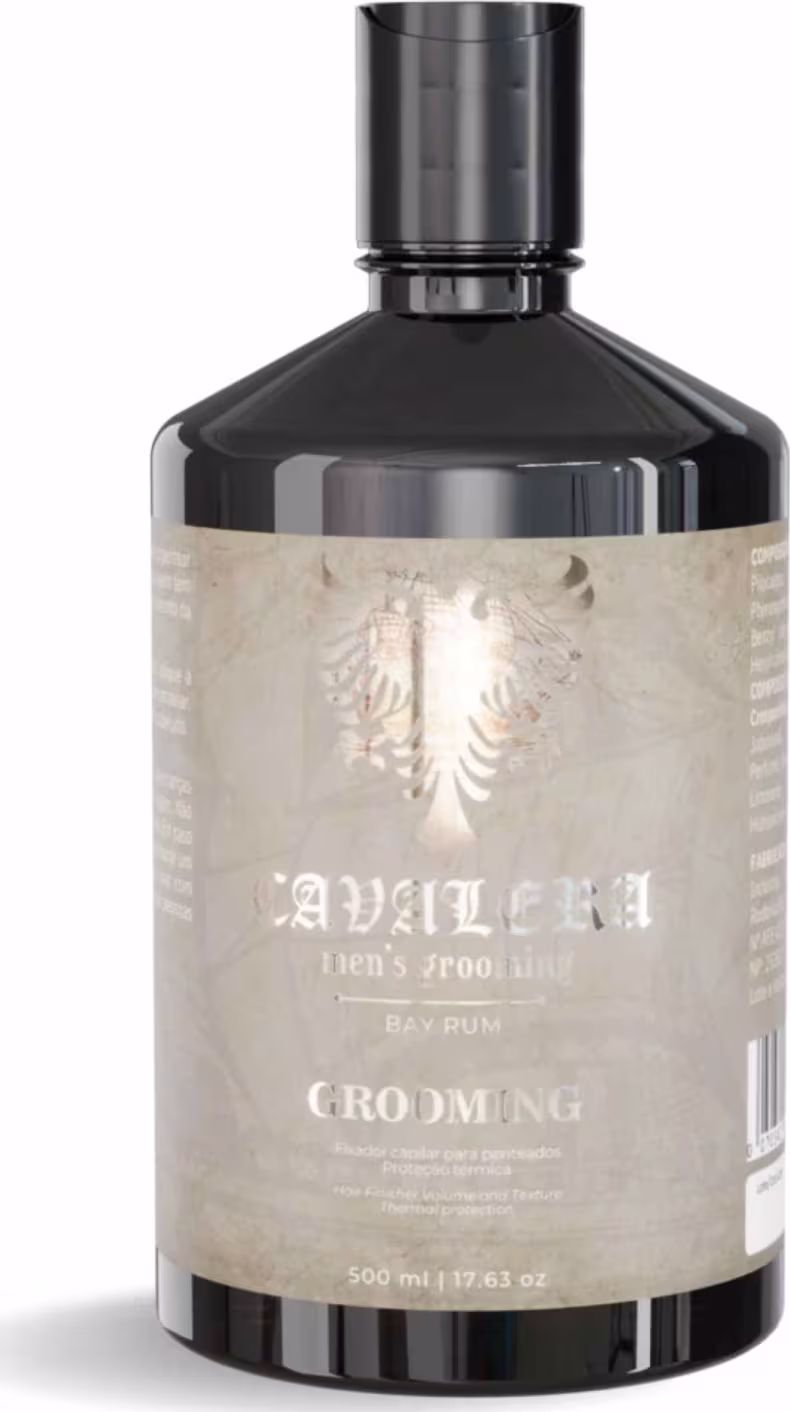 Frasco de 500 ml de Grooming, um produto de barbear da marca Cavalera, com design elegante em tons escuros e rótulo com ilustração de águia.