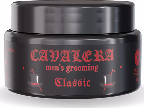 Pote preto com rótulo vermelho e branco da linha de produtos de beleza masculina Cavalera, com a inscrição "Cavalera men's grooming Classic" em destaque.