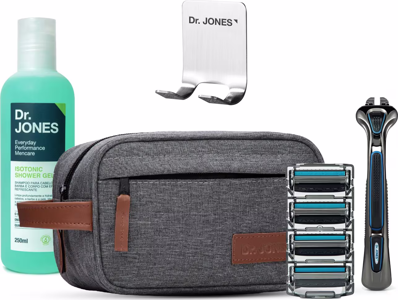 Kit Dr. Jones The Razor 4 Cuidado Diário + Suporte, 5 produtos.