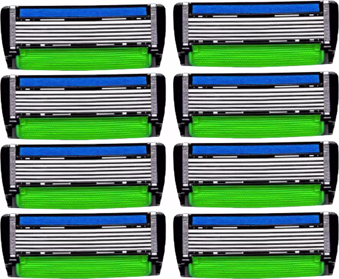 Conjunto de 8 lâminas de barbear Dr. Jones com revestimento azul e verde, embaladas individualmente em caixas pretas e brancas.