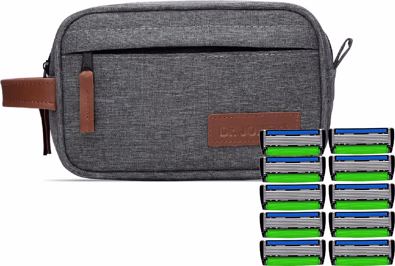 Estojo de viagem cinza com detalhes em couro, contendo 10 lâminas de barbear da marca Dr. Jones em cores azul e verde.