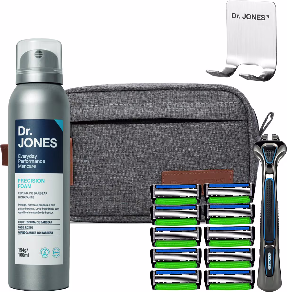 Conjunto de produtos de barbear da marca Dr. Jones, incluindo um frasco de espuma de barbear, uma lâmina de barbear com vários cartuchos de reposição e um suporte de metal com o nome da marca.