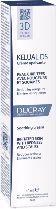 A imagem mostra a caixa do Creme Facial Ducray Kelual DS com 40ml