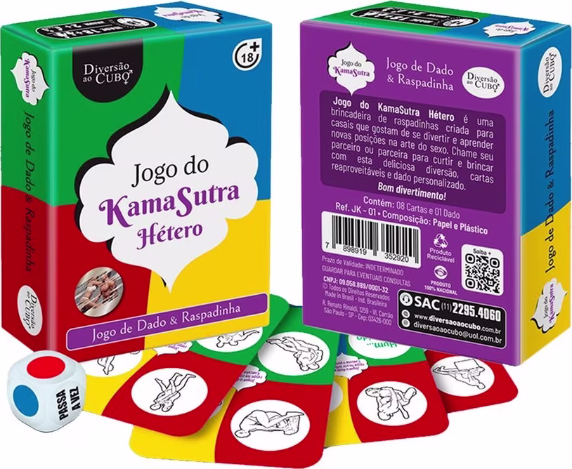 Caixa de jogo de cartas e dados com ilustrações eróticas, chamado "Jogo do Kamasutra Hétero", com embalagem colorida em verde, roxo e vermelho.