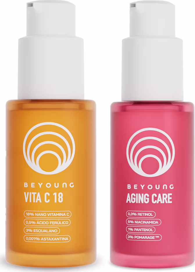 Dois frascos de produtos de beleza da marca Beyoung: um frasco laranja com o rótulo "Vita C 18" e um frasco rosa com o rótulo "Aging Care", ambos com bombas doseadoras brancas.