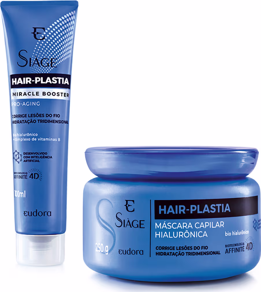 Na imagem dois produtos da linha Siàge Hair-Plastia de Eudora. As duas embalagens são azuis primeiro sendo uma máscara de 250g e uma bisnaga de tratamento intensivo de 100ml.