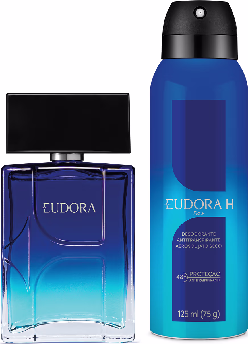 Perfume e desedorante um ao lado do outro. Ambos em frascos azuis com toque degradê, com a parte superior mais escura em azul marinho e a inferior mais clara em azul claro.
