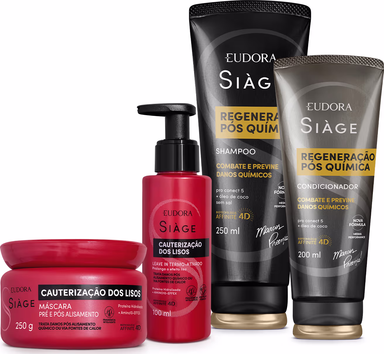 Duas embalagens da linha cauterização dos fios. Um frasco de 100ml contendo leave-in. Um pote de 250g com máscara. Duas embalagens em bisnaga da linha regeneração pós química nas cores preta e dourado. Shampoo 250ml, condicionador 200ml.