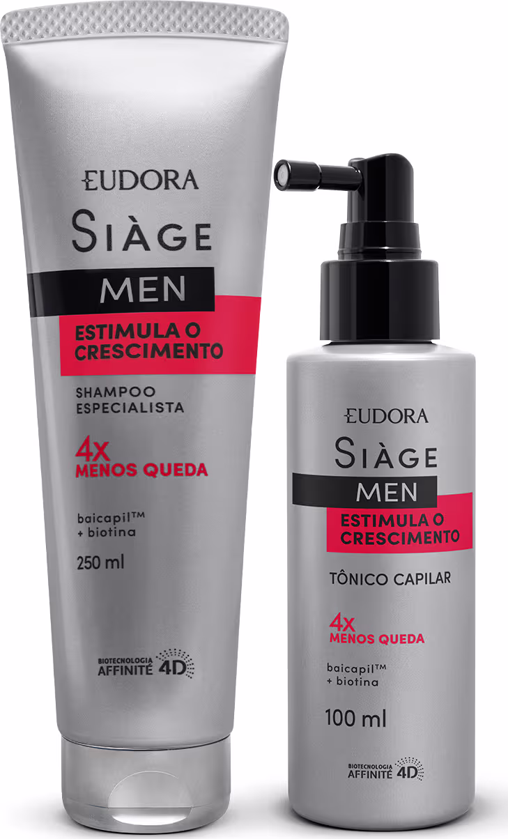 Shampoo e tônico capilar da linha Siàge Men Eudora. O shampoo vem em uma embalagem prateada de 250ml, com detalhes em vermelho e preto. O tônico capilar é apresentado em um frasco prateado com aplicador em spray de 100ml, com detalhes em vermelho e preto.