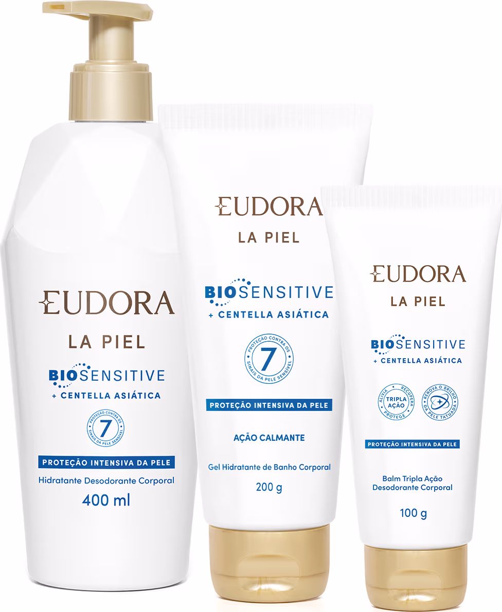 Produtos de cuidado corporal da linha Biosensitive da marca Eudora La Piel. Hidratante desodorante corporal em frasco de 400ml. Gel hidratante de banho corporal de 200g. Balm tripla ação desodorante corporal de 100g.