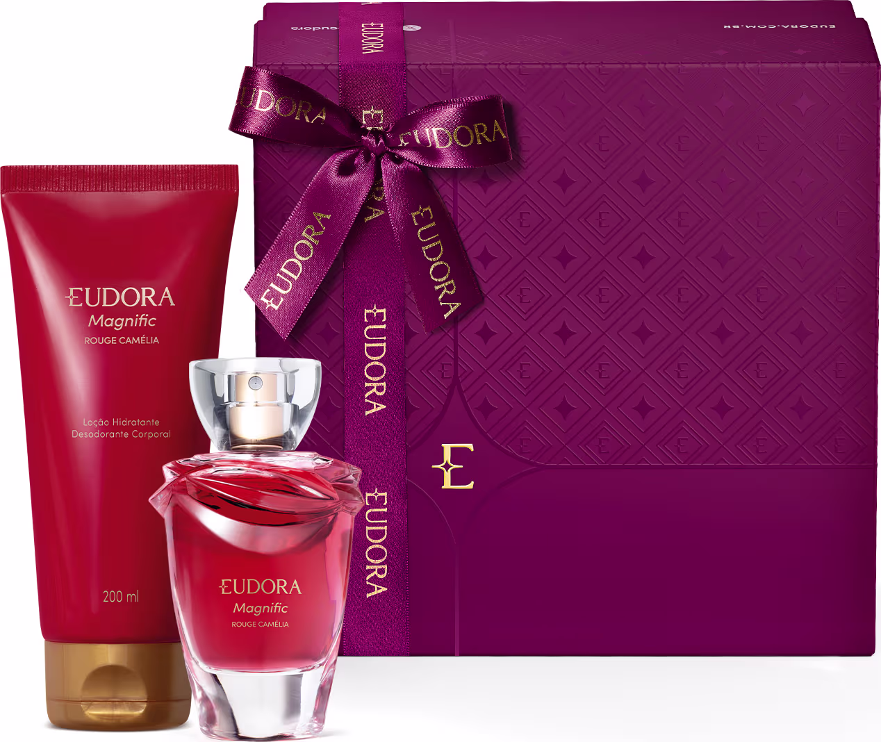 Conjunto de produtos Eudora Magnific Rouge Camelia. Caixa retangular de cor roxa com detalhes geométricos em relevo e laço decorativo. Frasco de perfume de vidro vermelho com tampa dourada. Embalagem de creme hidratante vermelho de 200ml.