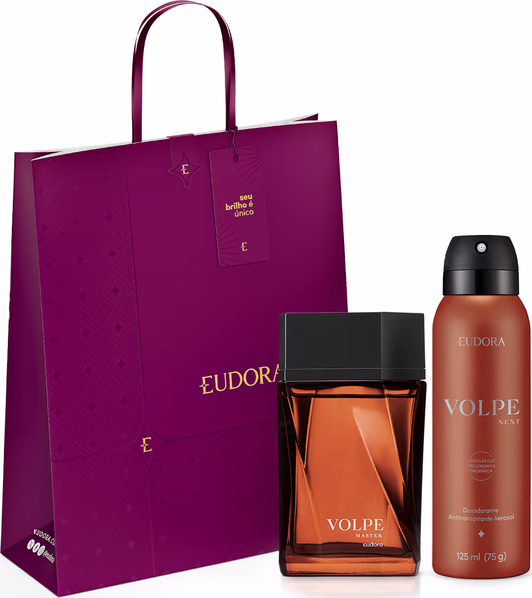 A imagem mostra produtos da marca Eudora: desodorante colônia Volpe em frasco retangular de vidro âmbar com tampa preta, desodorante aerossol Volpe em embalagem cilíndrica preta e marrom e sacola na cor vinho com o logotipo Eudora em dourado.