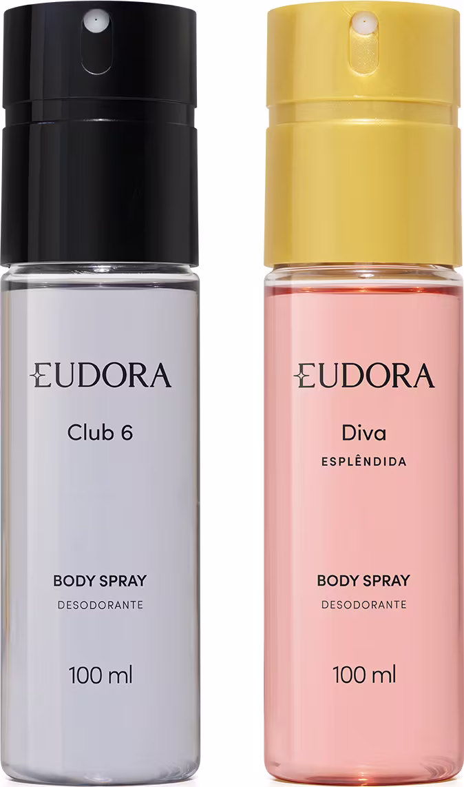 Dois frascos de desodorante em spray da marca Eudora, sendo um na cor preta chamado "Club 6" e outro na cor rosa chamado "Diva Esplêndida", ambos com 100 ml de capacidade.