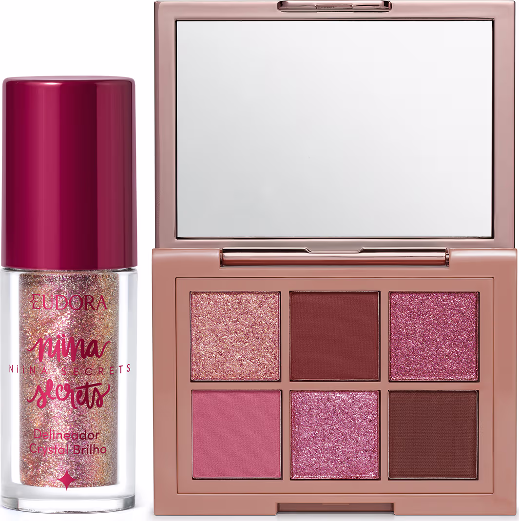 Paleta de sombras rosadas e marrons em embalagem metálica rosa, acompanhada de frasco de esmalte glitter rosa da linha Niina Secrets.