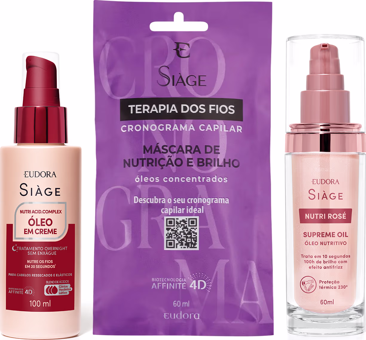 Três produtos da linha Siàge: óleo em creme para tratamento overnight, máscara de nutrição e brilho, e óleo nutritivo em frasco. Embalagens em tons de vermelho, rosa e roxo com informações sobre os benefícios e tecnologia dos produtos.