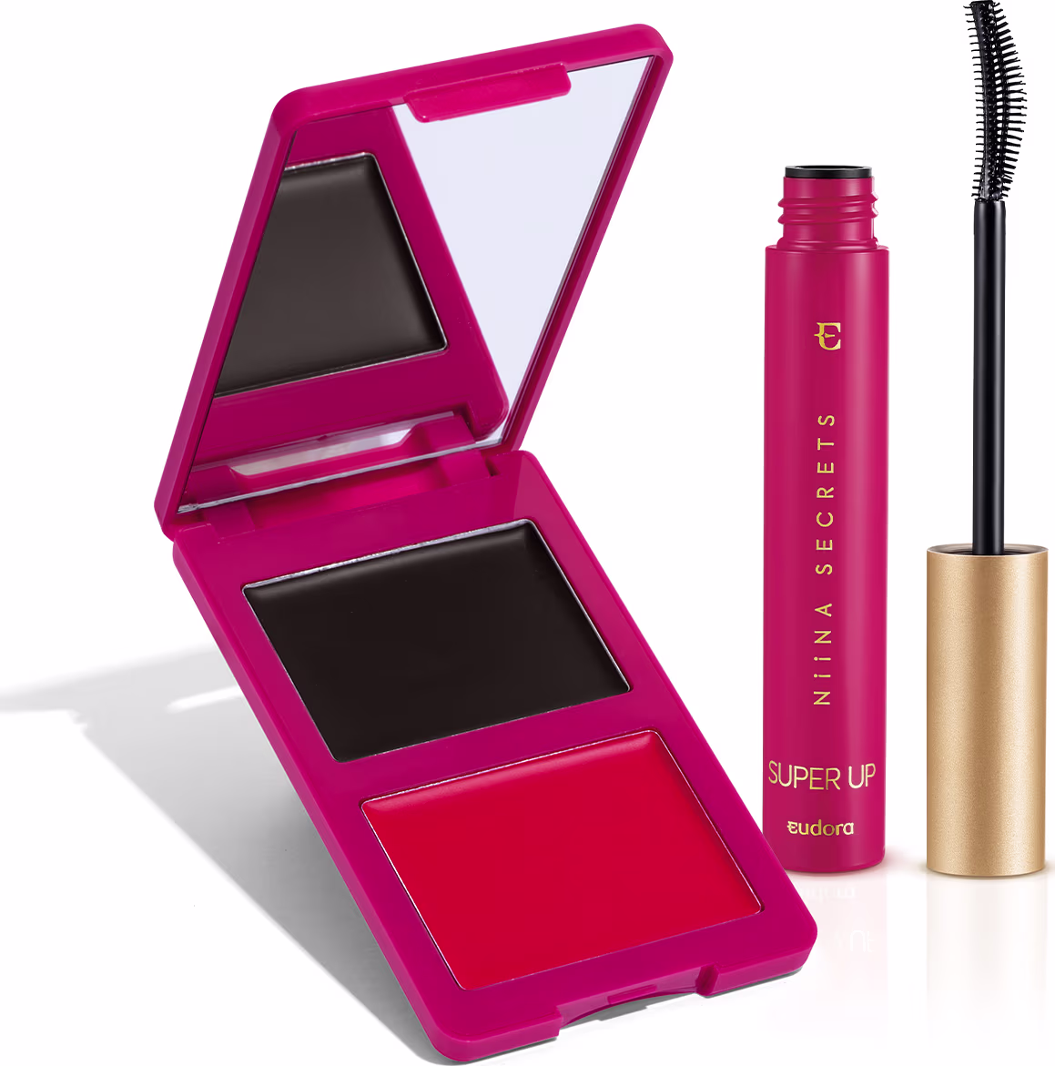Compacto de maquiagem rosa com espelho e blush vermelho, acompanhado de máscara de cílios preta da linha Niina Secrets, em embalagem dourada.