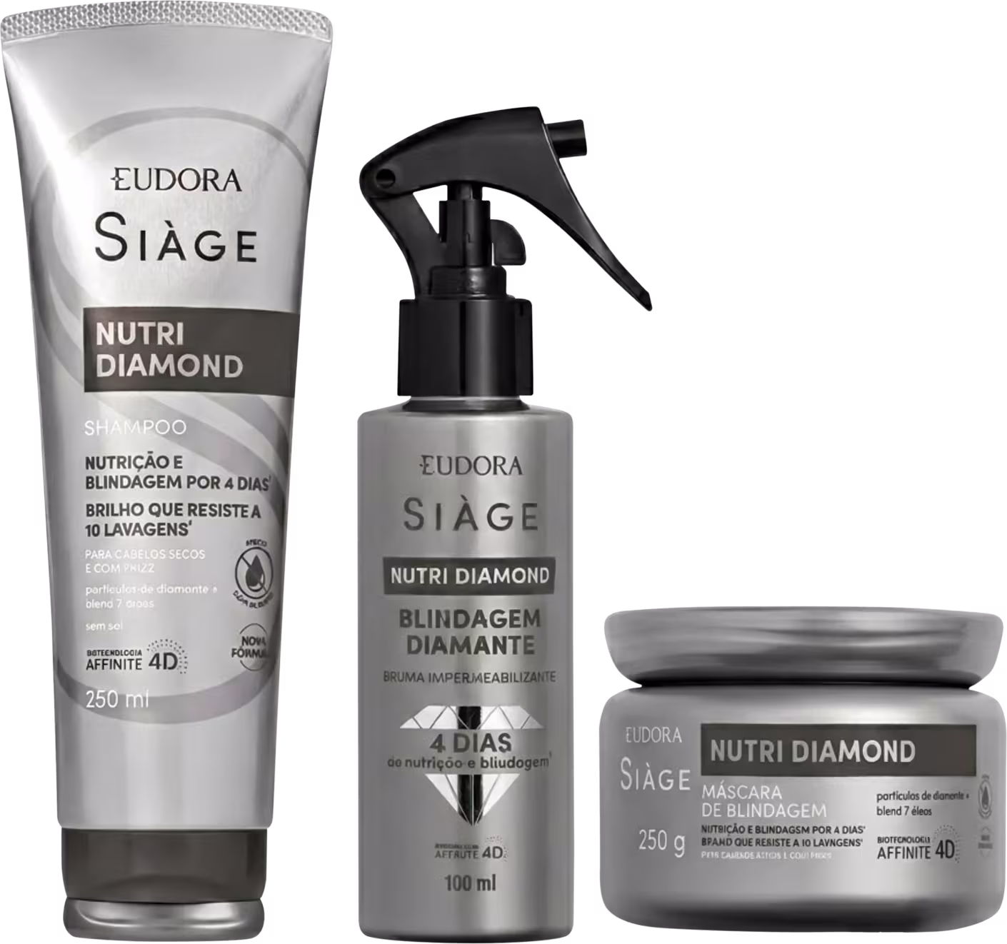Produtos da linha Siàge da Eudora: shampoo, spray e máscara de tratamento Nutri Diamond, com embalagens em tons de cinza e preto, destacando os benefícios de nutrição e blindagem para os cabelos.