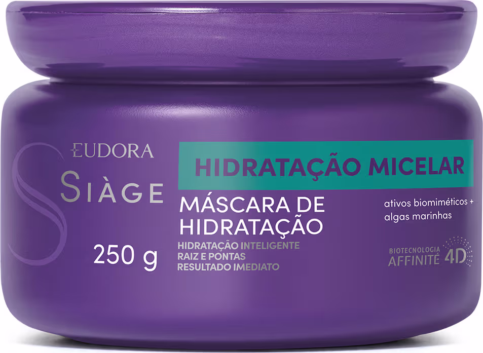 Máscara de hidratação micelar da linha Siàge em embalagem plástica roxa, arredondada, com tampa de girar. Rótulo informando os benefícios do produto, como hidratação inteligente e raiz e pontas.