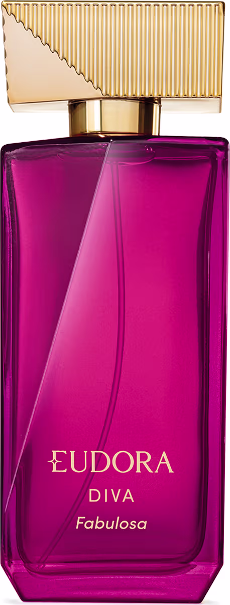 Frasco retangular de vidro rosa profundo. Embalagem com tampa dourada texturizada. Rótulo na parte frontal exibe o nome EUDORA DIVA Fabulosa em letras douradas. Produto de aparência elegante e sofisticada, com design minimalista e cores vibrantes.