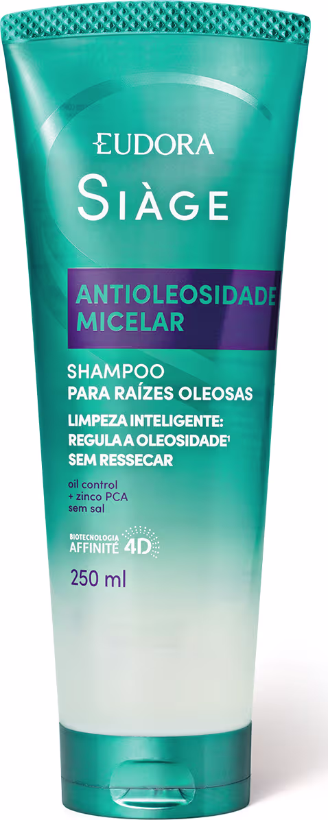 O produto apresentado é um shampoo da linha Siàge da marca Eudora. A embalagem é um tubo plástico do tipo bisnaga com tampa na parte inferior. Cor verde-azulada, com a indicação "Antioleoside Micelar" impressos no rótulo.