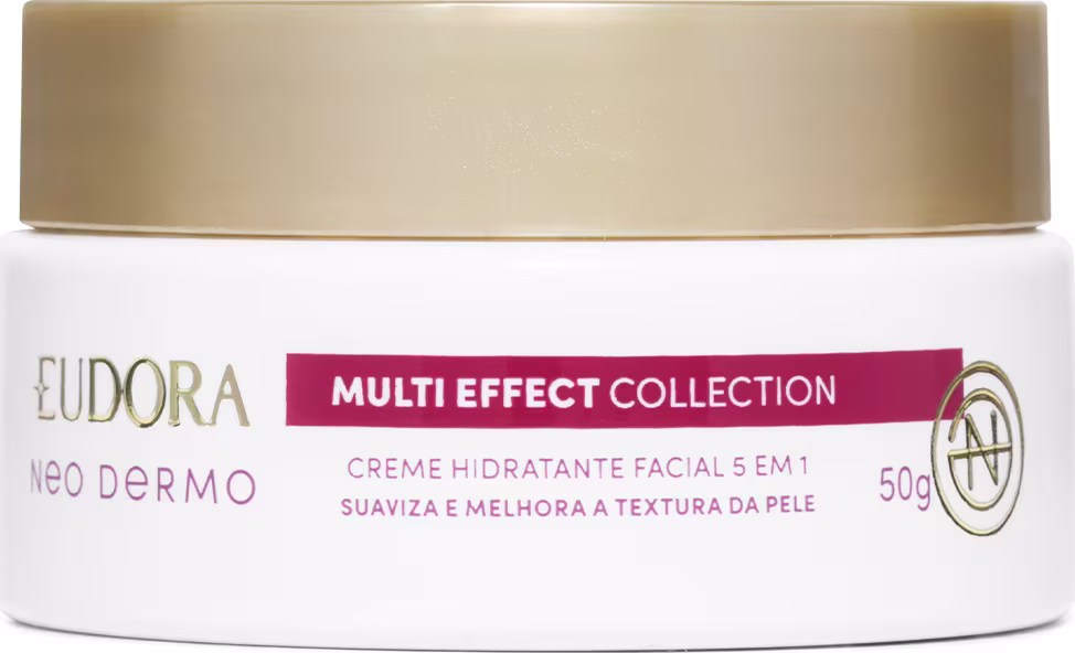 Embalagem em pote do Creme hidratante facial 5 em 1 da linha Multi Effect Collection da Eudora Neo Dermo. Embalagem branca, redonda, tampa de rosquear dourada na parte superior. Rótulo em tons de vermelho e dourado.