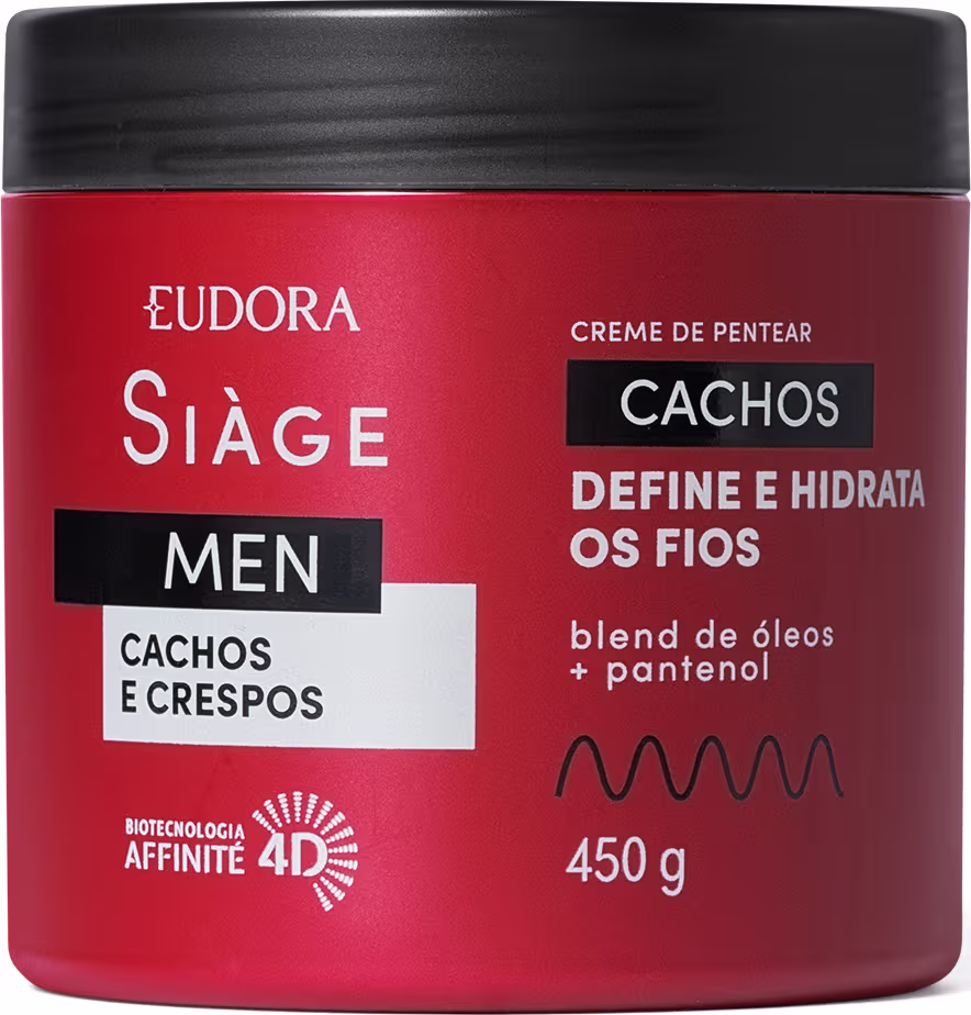 A imagem mostra um pote vermelho de creme de pentear cachos da linha Siàge Men da marca Eudora com capacidade de 450ml. O frasco tem os escritos em prateado com destaque para a biotecnologia Affinité 4D utilizada na formulação.