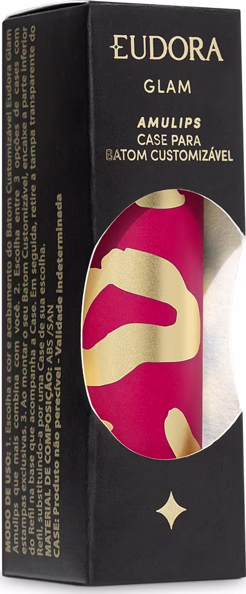 A imagem mostra a caixa da case da case para batom customizável Amulips. A embalagem é preta e apresenta texto em dourado onde se lê: Eudora Glam Amulips Batom Customizável.
