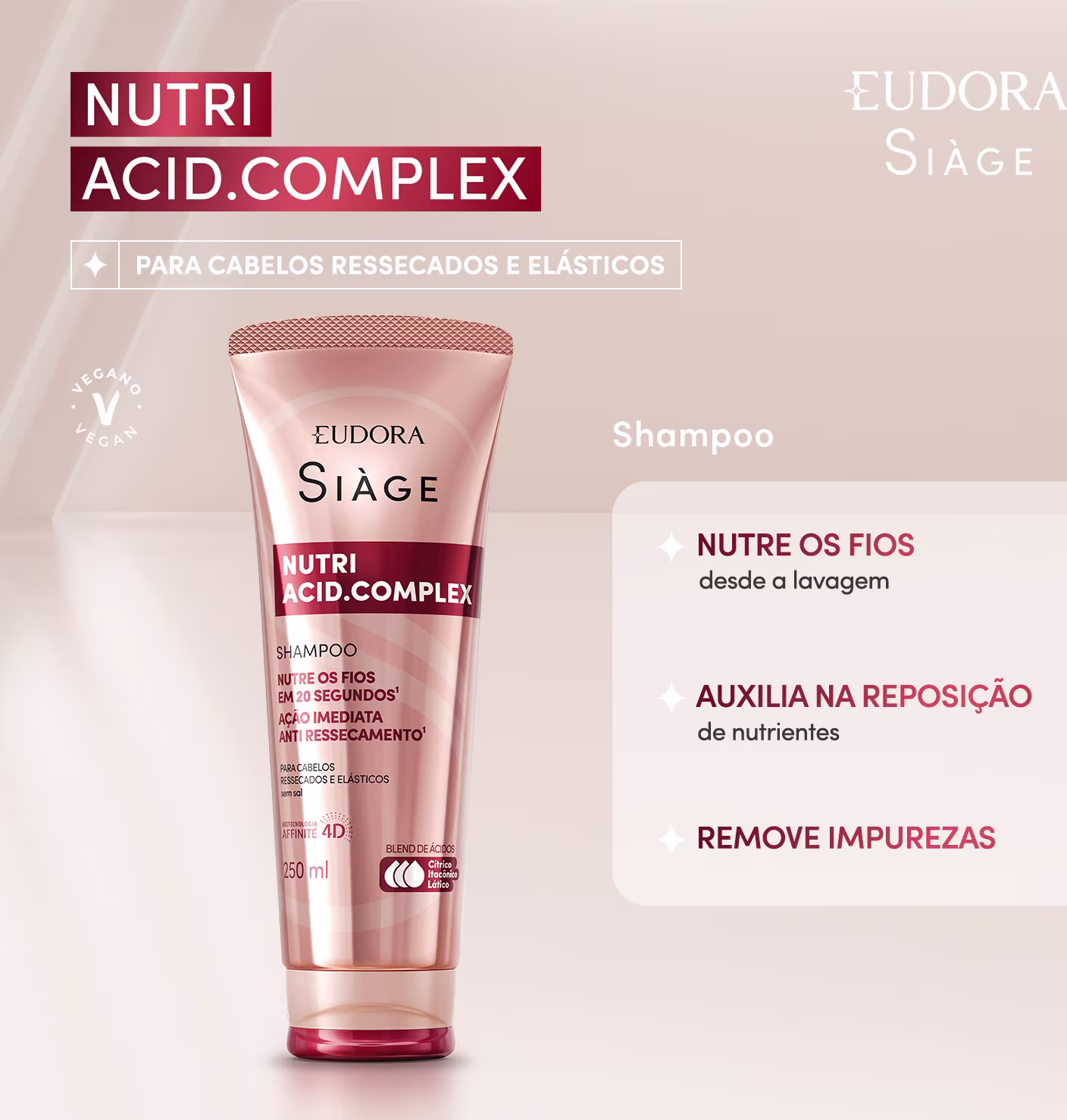 Card do produto com as informações ao lado da imagem da embalagem: Nutri Acid.Complex Shampoo para cabelos ressecados e elásticos. Nutre os fios desde a lavagem, auxilia na reposição de nutrientes e remove impurezas.