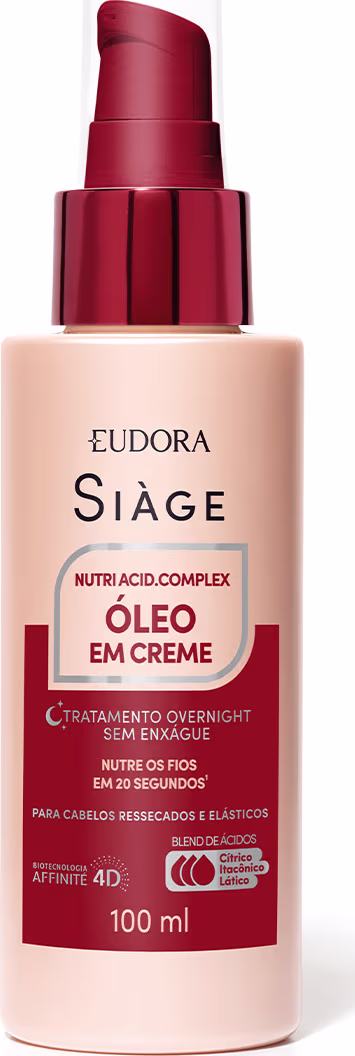 Frasco de creme Siàge Nutri Acid Complex Óleo em Creme, com embalagem tipo pump, vermelha e branca, contendo 100 ml do produto. O rótulo destaca o tratamento overnight sem enxágue para cabelos ressecados e elásticos.