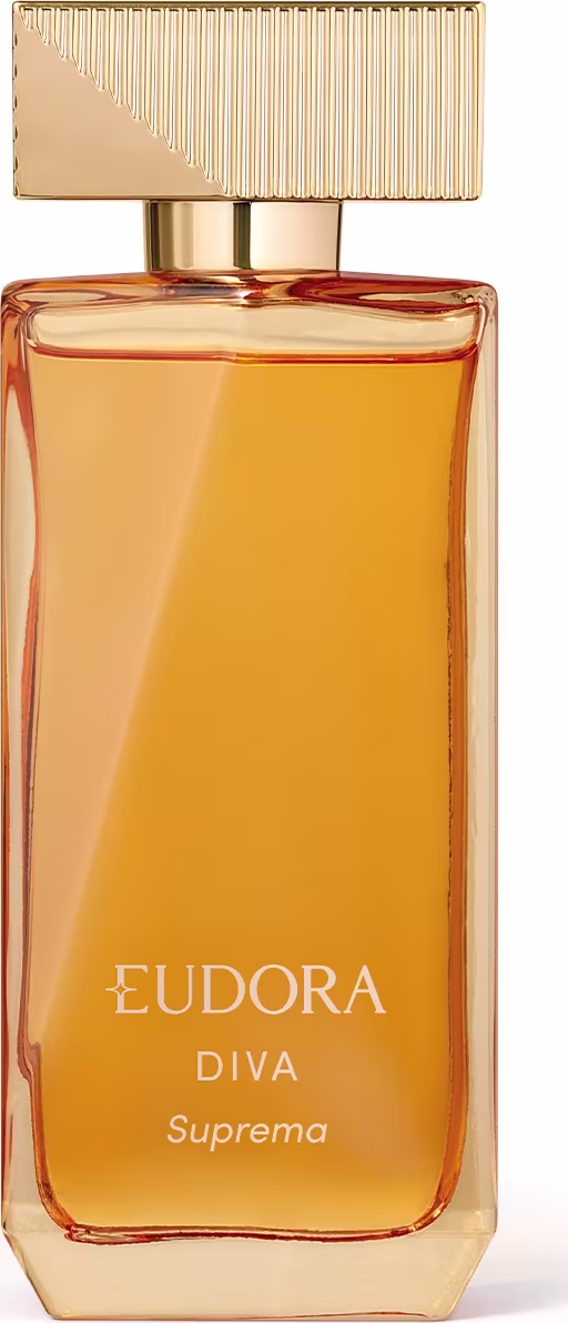 O produto apresentado na imagem é um frasco do Desodorante Colônia da linha Diva Suprema da marca Eudora. O frasco possui um formato retangular com linhas verticais em relevo, dando um aspecto elegante e sofisticado.