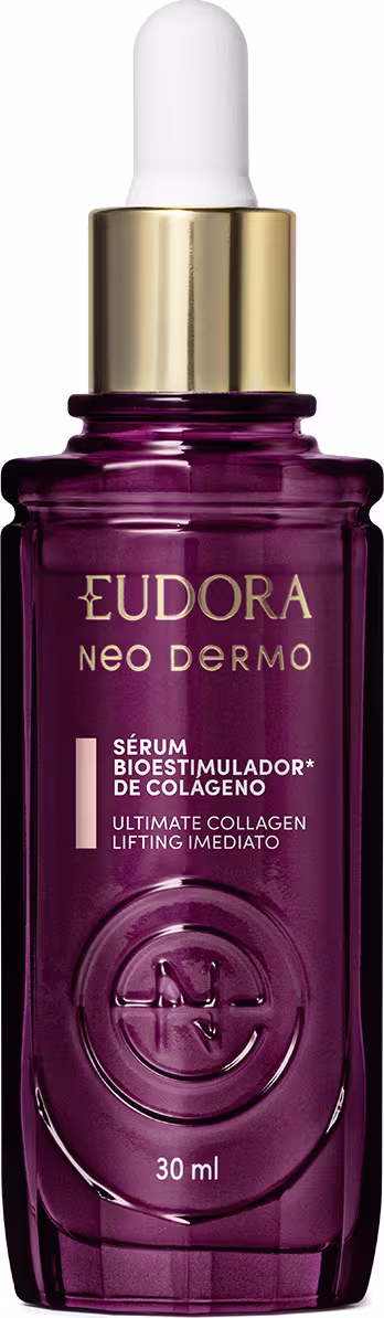 O produto apresentado é um sérum bioestimulador de colágeno da linha Neo Dermo da marca Eudora. O frasco possui um conta-gotas dourado na tampa. A embalagem é de cor roxa escura, com o nome da marca e do produto em destaque.